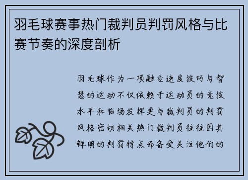 羽毛球赛事热门裁判员判罚风格与比赛节奏的深度剖析